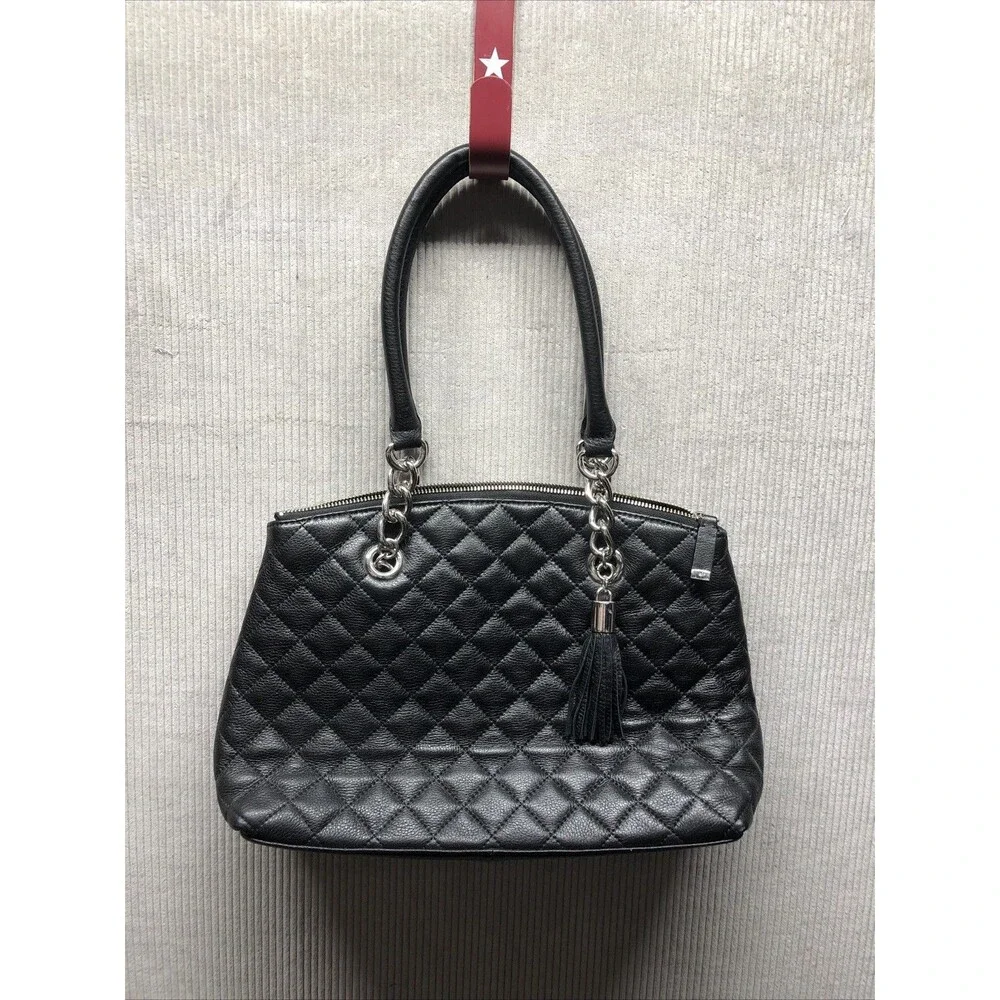 Calvin Klein Quilted Leather Purse Black Chain Link Strap Tassel
